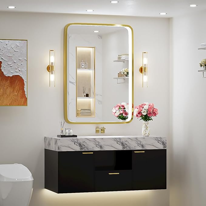 24x36 Inch LED Bathroom Vanity Mirror with lights,Wall Mounted Lighted Mirrors with Non-Rusting Gold Metal Frame Anti-Fog Memory Funtion Stepless Dimmable for Bathroom Decor(Horizontal&Vertical)