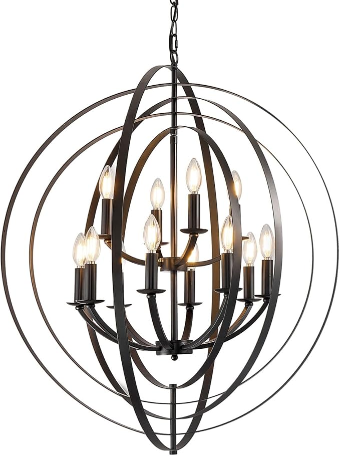 Black Chandelier, 12-Light Farmhouse Chandelier for Entryway, 31.5" Round Pendant Light Fixtures, Industrial Foyer Lighting Fixtures, Large Chandeliers for High Ceilings, for Living Room, Staircase