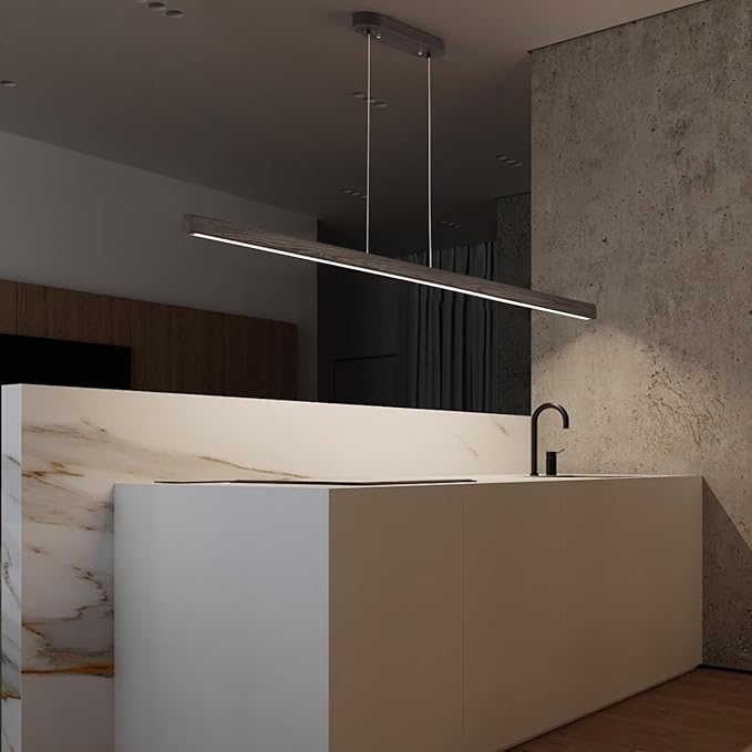 59'' Led Pendant Light 40w Dimmable with Remote Wood Linear Pendant Lighting Led Modern Chandelier Island Light with Black Finish for Living Room Dining Room Billiard & Pool Lights Black