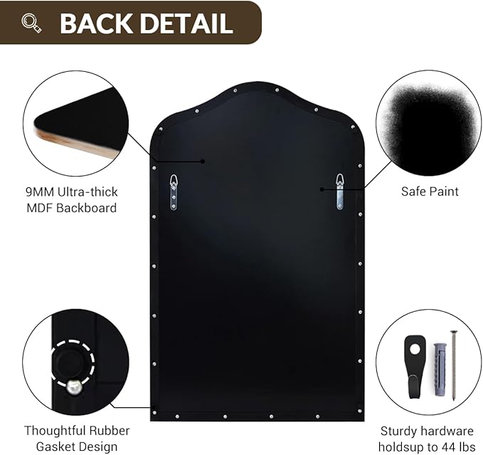 ANDY STAR Scalloped Arched Mirror, 22x35 Matte Black Irregular Wall Mirror for Bathroom Vanity with Metal Frame for Living Room, Entryway, Fireplace, Mantel, with Stainless Steel Frame