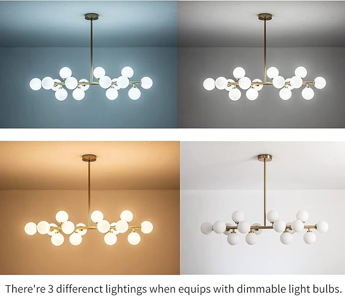 Mid Century Modern Chandelier Over Table, 16-Light Globe Sputnik Chandelier Brass Pendant Lighting Fixture Hanging Ceiling Light for Dining Room, Kitchen Island