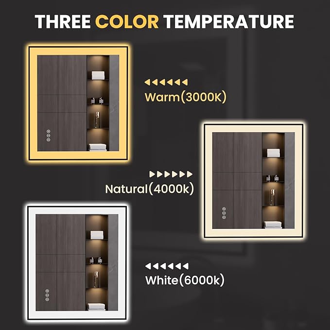 LOAAO 28"X32" LED Bathroom Mirror Black Framed, Anti-Fog, Dimmable, Lighted Bathroom Vanity Mirror for Wall, Memory Function, Tempered Glass