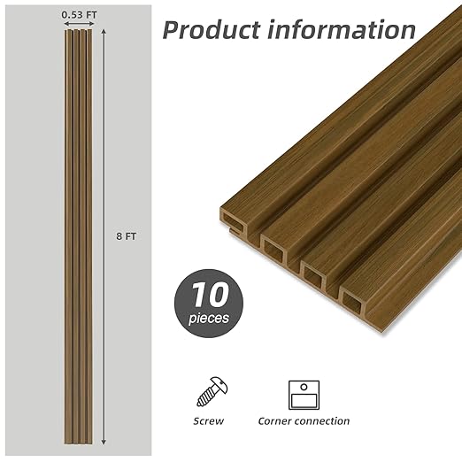 3D Faux Wood Wall Panels for Exterior – Waterproof WPC Decorative Siding Slat Covering, Outdoor UV 8 FT (L) x 0.53 FT(H) Resistant Wall Decor, Easy Install Design (Brown, Pack of 10 Piece)