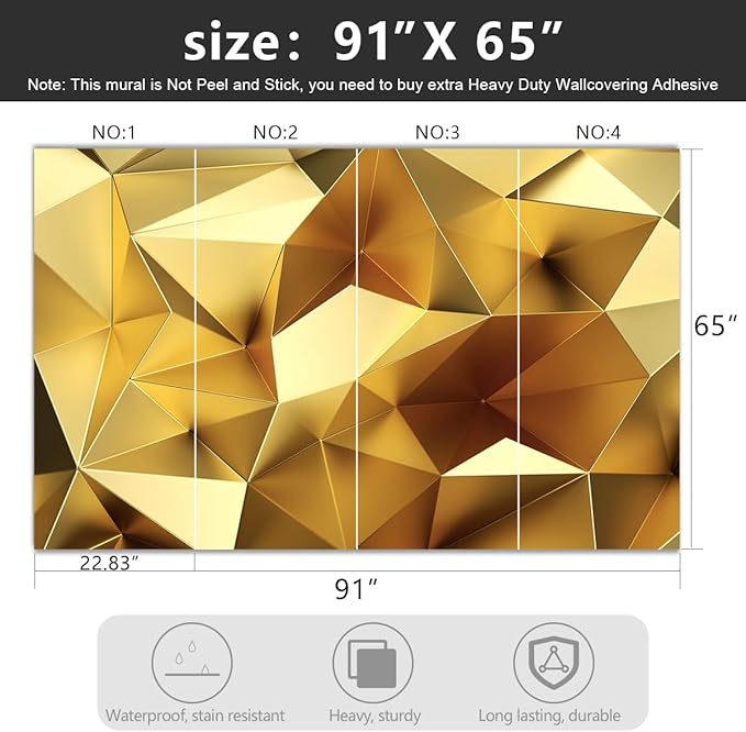 -3D Gold Geometry Fabric Wallpaper Living Room Bedroom Bathroom Modern Wall Mural- 91"x65"（ not Peel and Stick）