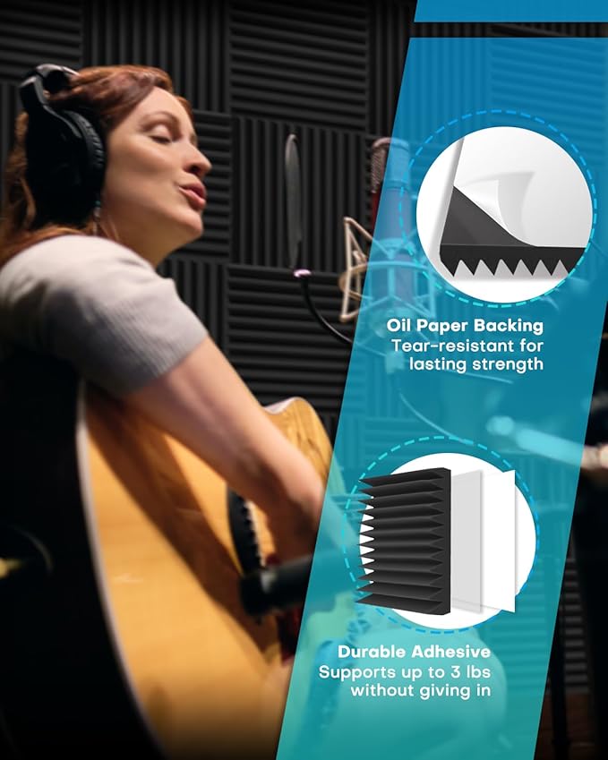 48 Pack Sound Proof Foam Panels for Walls with Self Adhesive, 12x12x1 Acoustic Foam Panels, High Density Acoustic Panels Sound Absorbing, Fire Resistant Studio Sound Proofing Black