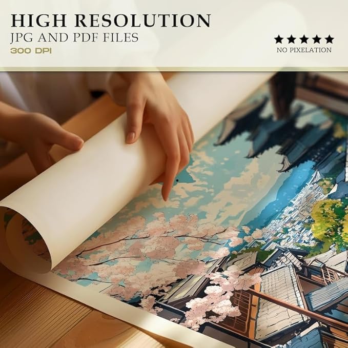 Kyoto Gion Poster, Japanese Street Wall Art Print with Cherry Blossoms and Pagoda, Traditional Japan Landscape, Japandi Decor for Bedroom or Living Room (Unframed) (20x30)