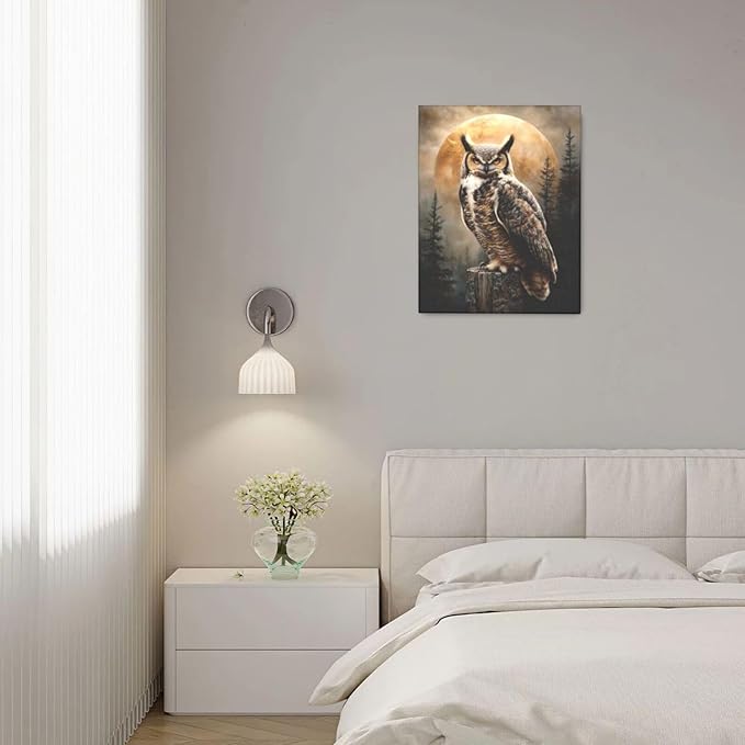 Cabin Owl Wall Art Moon and Forest Canvas Wall Decor Rustic Animal Pictures Paintings Prints Mystical Wildlife Artwork Framed Decorations For Bathroom Bedroom Living Room Office Gifts 16" x 20"
