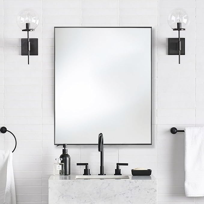24x36 Inch Black Bathroom Mirror for Wall, Aluminum Frame Rectangle Rectangular Vanity Mirror, Modern Large for Bedroom, Living Room, Horizontal or Vertical