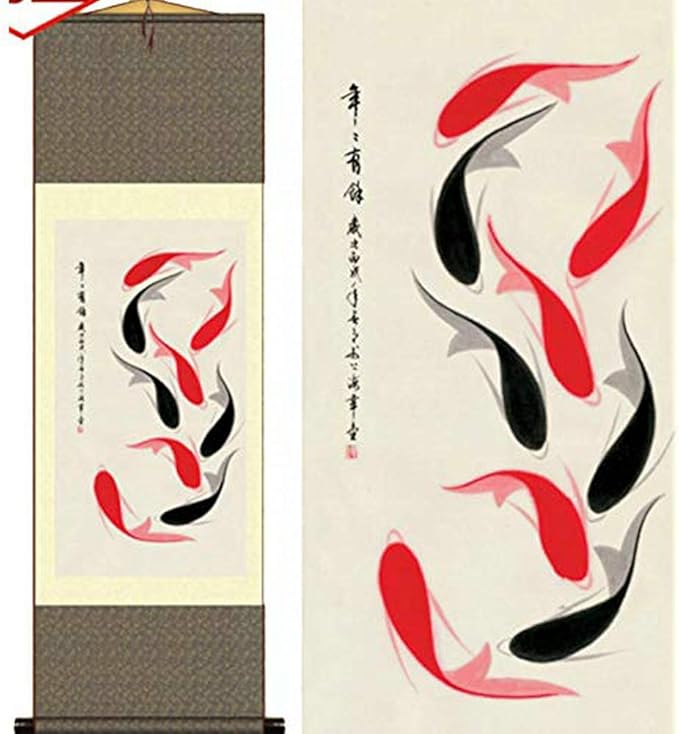 AtfArt Asian Wall Decor Beautiful Silk Scroll Painting Year Have Fish - Red Black Carp Oriental Decor Chinese Art Wall Scroll Wall Hanging Painting Scroll (39 x 12 in)