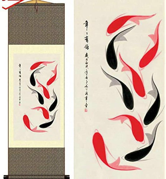AtfArt Asian Wall Decor Beautiful Silk Scroll Painting Year Have Fish - Red Black Carp Oriental Decor Chinese Art Wall Scroll Wall Hanging Painting Scroll (39 x 12 in)