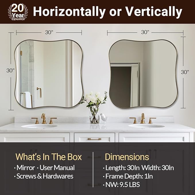 ANDY STAR Brushed Gold Square Bathroom Mirror, 30x30 Inch Contempoary Scalloped Brass Mirrors for Wall in 1 Inch Unique Concave Wavy Stainless Steel Metal Design Ideal for Home Decor Wall Mounted