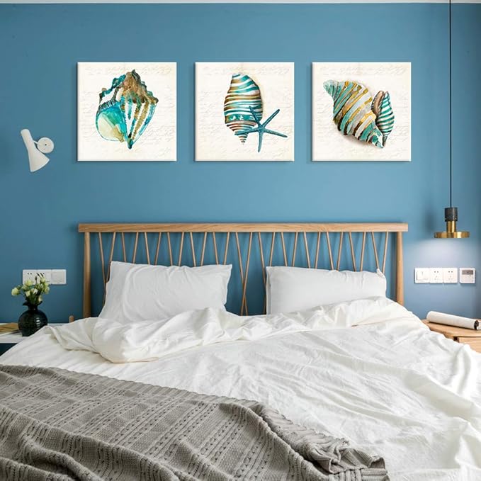 JAPO ART - Sea Lift Picture Abstract Artwork Aquarelle Color Blue Shells Gold Foil Painting Print on Canvas 12x12Inchx3 pcs