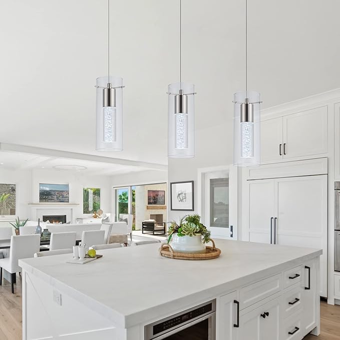3 Pack Pendant Lights Kitchen Island, 6000K Kitchen Island Dining Room Light Pendant Lighting Fixtures Bubble Crystal Chandelier Over Island Table Modern Hanging Light for Bar Dining Room