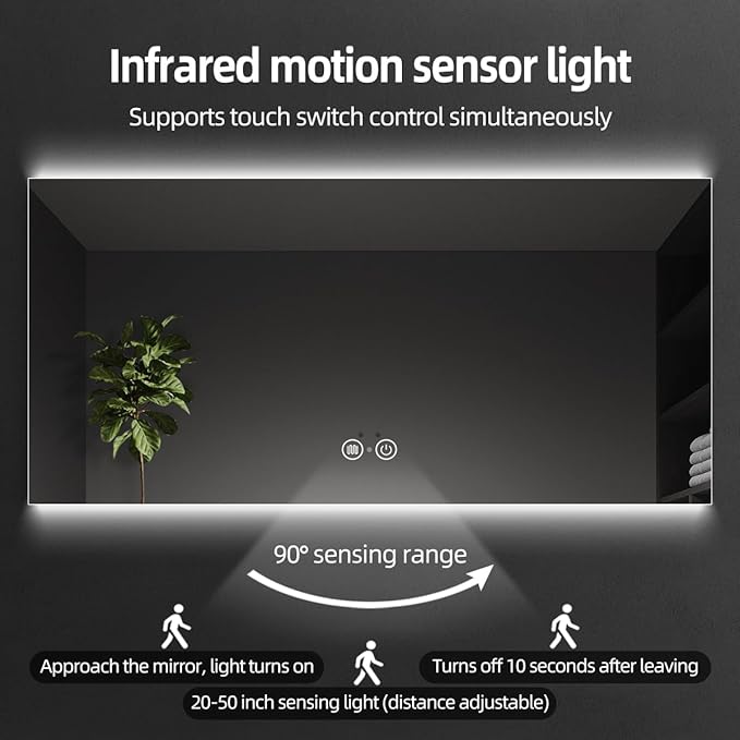 36" H x 60" W LED Bathroom Mirror, Infrared Motion Sensor Vanity Mirror with 3-Color Top & Bottom Backlit Lights, Stepless Dimmable Wall Mirror with Anti-Fog, Rectangular, UL-Listed
