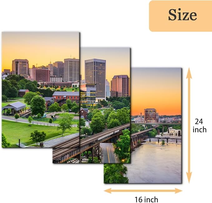 Pacimo Canvas Print Wall Art Set Richmond Skyline Giclee Poster Gallery Wrapped Virginia Cityscape Modern Artwork for Living Room Bedroom Office Stretch and Framed Ready to Hang - 16"x24"x3 Panels