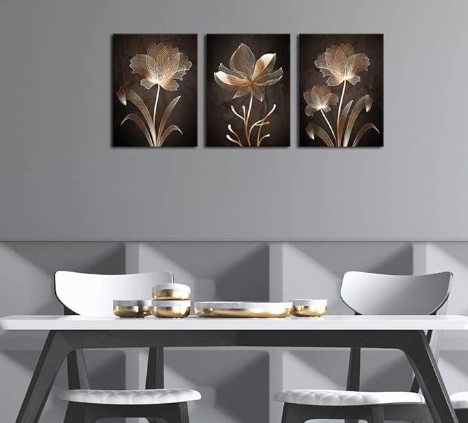 Abstract Wall Art Brown Flowers Canvas Pictures Contemporary Minimalism Abstract Flower Artwork for Bedroom Bathroom Living Room Wall Decor 12" x 16" x 3 Pieces