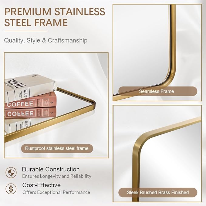 ANDY STAR 36x36 Inch Gold Bathroom Mirror, Brushed Gold Square Mirrors for Wall in Anti-Rust SUS304 Tube Metal Frame, Rounded Mirrors 1’’ Deep Wall Mounted Vertically/Horizontal