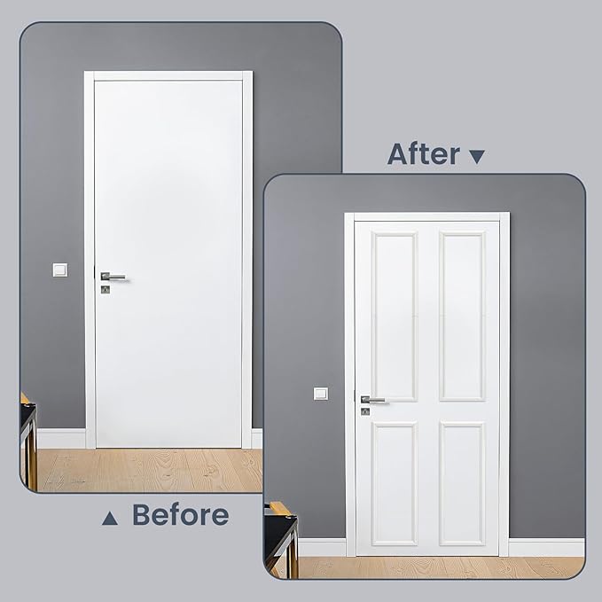 1 Set Peel and Stick Door Moulding Kit 3-Layer Premade Door Panels Molding Trim Self Adhesive 3D Trim for Mirror Window Frame Decor(Top 9"x34.6"*2, Bottom 9" X 25.4"*2)