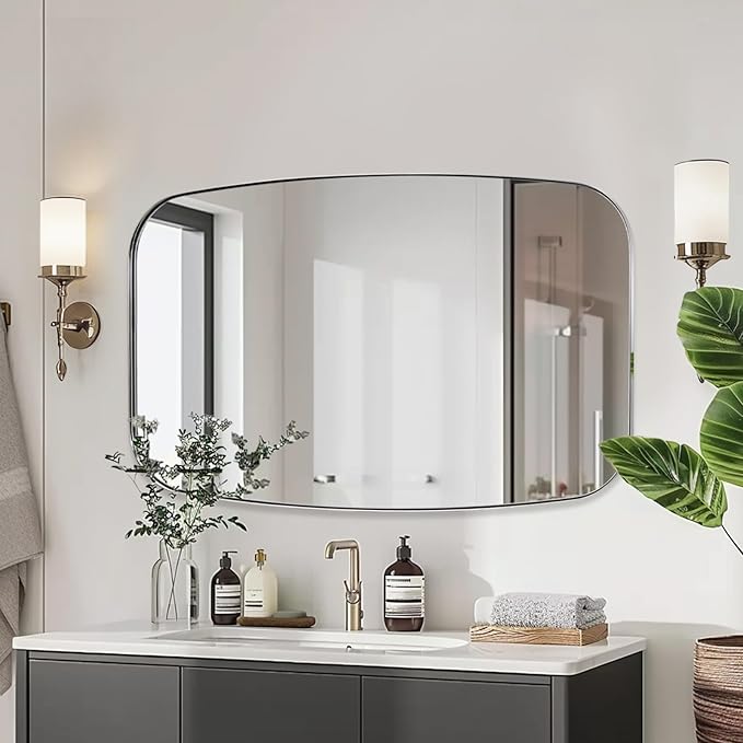 ANDY STAR 32x48 Chrome Bathroom Mirror, Oblong Silver Mirror with Stainless Steel Metal Frame, Oval Vanity Mirror for Over Sink, Modern Anti Rust Wall Mounted