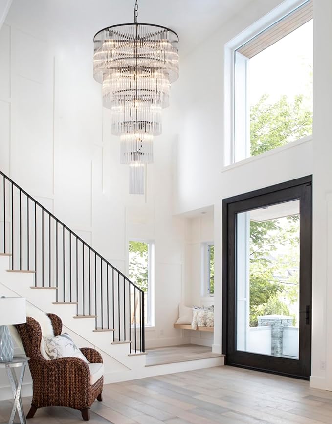 Large Black Chandeliers for High Ceilings H49 5-Tier Glass Chandelier Light Fixture for Foyer Dining Room Extra Long Modern Tiered Chandelier for Living Room Entranc Stairway Villa