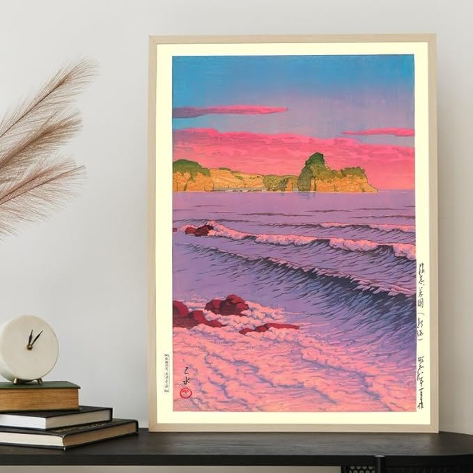 Nationcog Morning Sea at Shiribeshi Woodblock Poster, Japanese Ocean Print by Kawase Hasui, Zen Japandi Home Decor, Relaxing Vintage Art (Unframed) (9x11)
