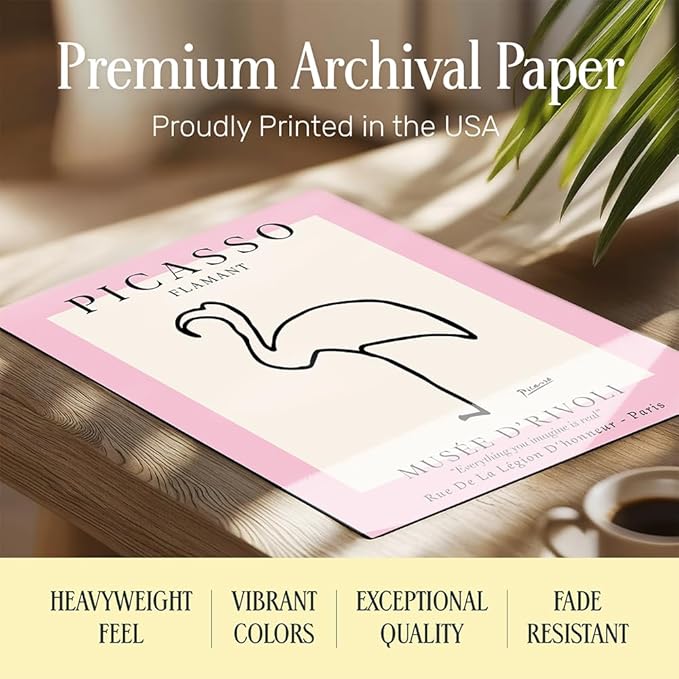 Pablo Picasso Poster 8x10 FRAMED - Mid-Century Modern Decor - Minimalist Room Decor - Abstract Wall Art - Gallery Picture - Pink Flamingo Print - Line Art Wall Museum Poster - Tropical Beach House