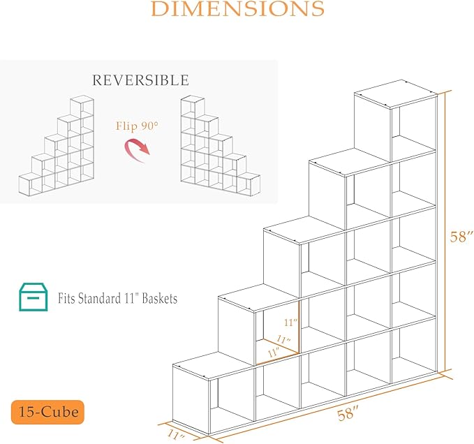 Ladder Cube Storage Bookcase - Wooden L-Shaped 5-Tier Corner Shelf, Reversible 15-Cube Organizer for Home & Office, Black