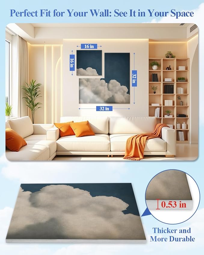 4 Pack Art Acoustic Wall Panels Self-Adhesive, 16" X 16" X 0.5" Acoustic Panels Decorativos Para Pared, Soundproof Wall Panels for Studio, Home & Living Room - Sky Painting