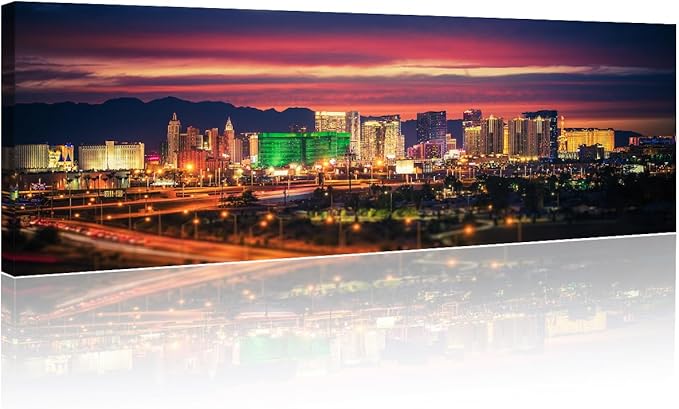 Black and White Wall Art - Las Vegas Skyline Painting on Canvas - Living Room & Bedroom Wall Decor - Modern Artwork - Framed - Ready to Hang - 12x46 Inch