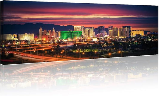 Black and White Wall Art - Las Vegas Skyline Painting on Canvas - Living Room & Bedroom Wall Decor - Modern Artwork - Framed - Ready to Hang - 12x46 Inch