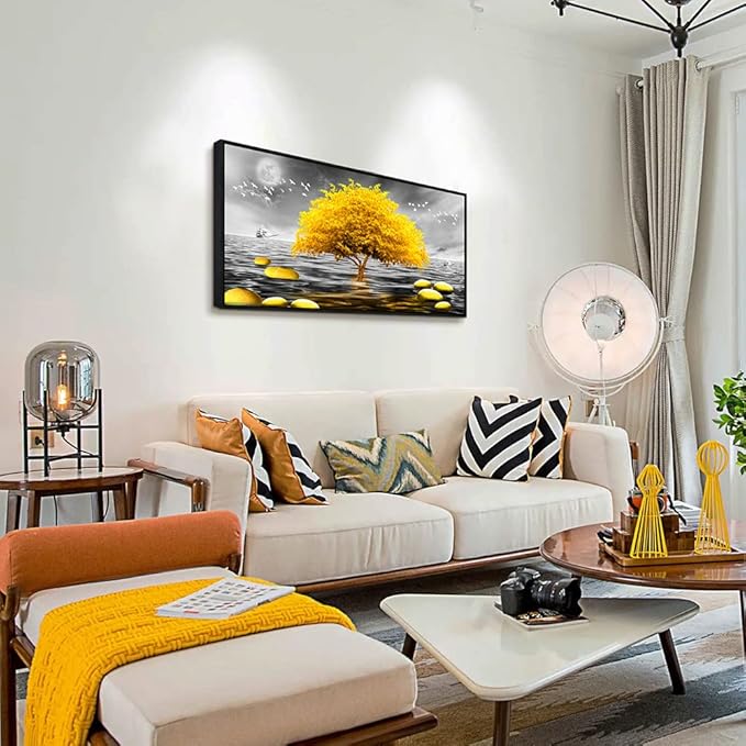 Black and white View Framed Wall Decorations For Living Room large size Canvas Wall Art For Bedroom Office Wall Decor Yellow Tree Painting Canvas Prints Home Decor Black Wood Framed 24" X 48"