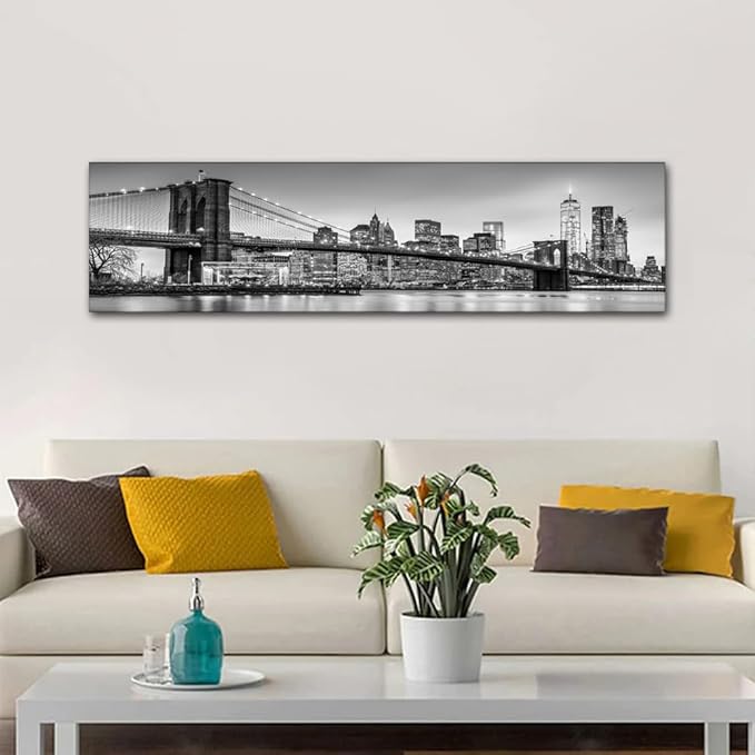 Canvas Wall Art Print New York Cityscape Wall Art for Bedroom Brooklyn Bridge Panorama Wall Decor Art Paintings City Reflection Modern Giclee Artwork for Office Home Decor Ready to Hang 12x46 Inch