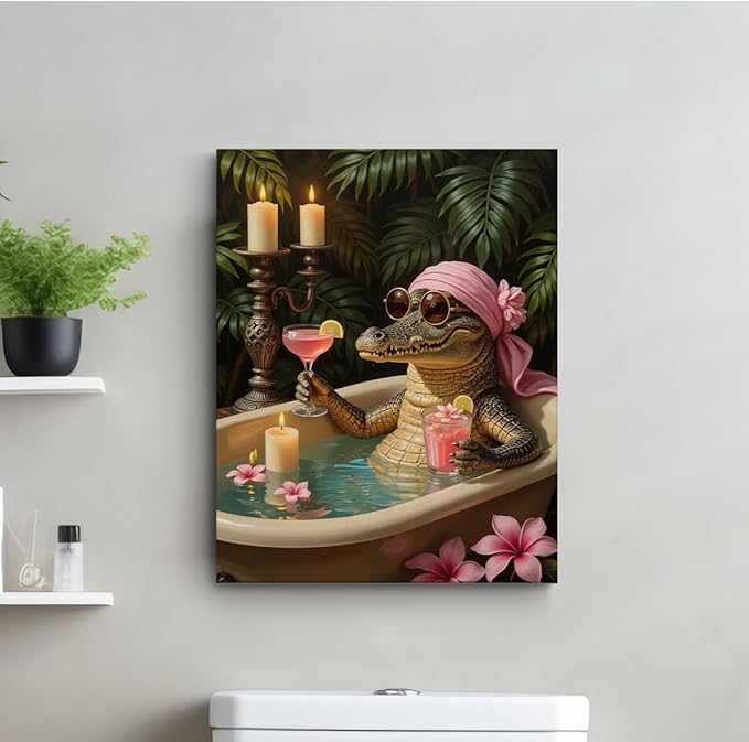 Crocodile Wall Art, 11.4x15in Funny Toilet Framed Art Paintings Wall Decor Unique Animal Lover Gifts Alligator Bathroom Picture for Living Room Bathroom Farmhouse Kitchen Decor