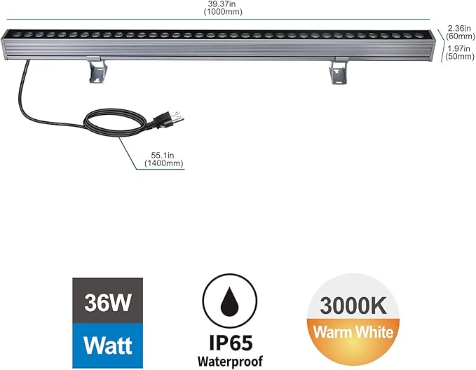 WLED Wall Washer Light 36W 3000K Warm White – 4500LM 40″ Linear LED Light Bar, IP65 Outdoor Wall Wash Lighting for Landscape, Sign & Building, Plug-and-Play 120V Floodlight with 6.56ft Cord