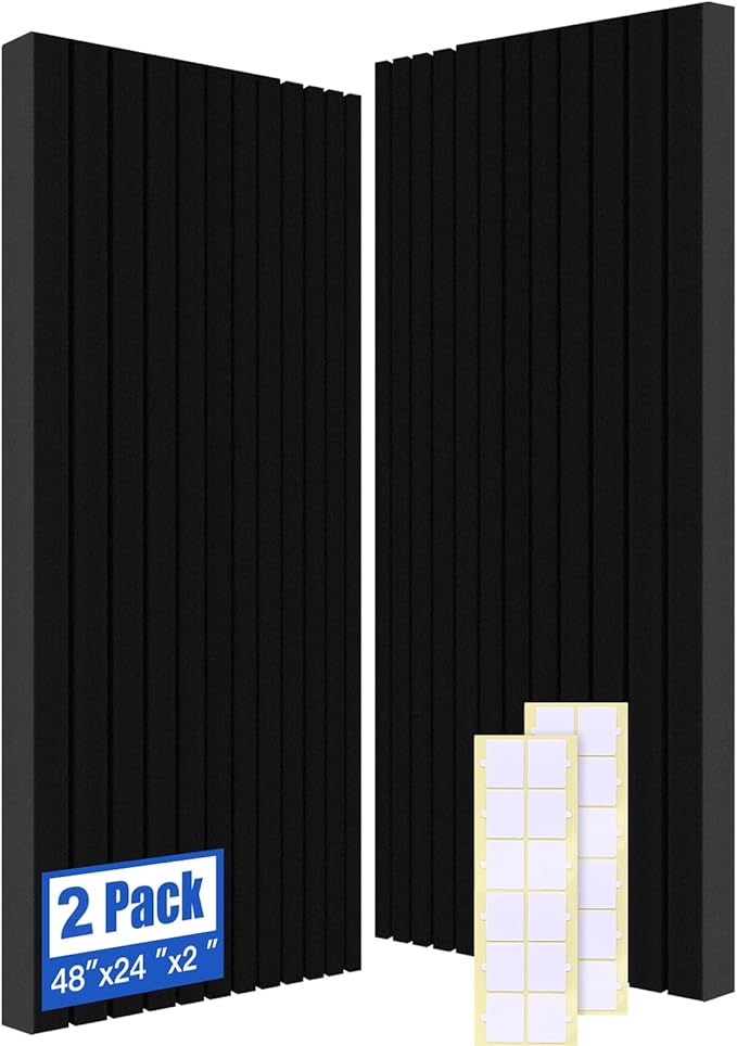 2-Pack Acoustic Foam Panels, 48" x 24" x 2" High-Density Soundproof Foam Wall Panels for Wall, Ceiling, Noise Dampening Panels for Office, Studio and Home (Black 2 Pack, 48X24X2 Inch)