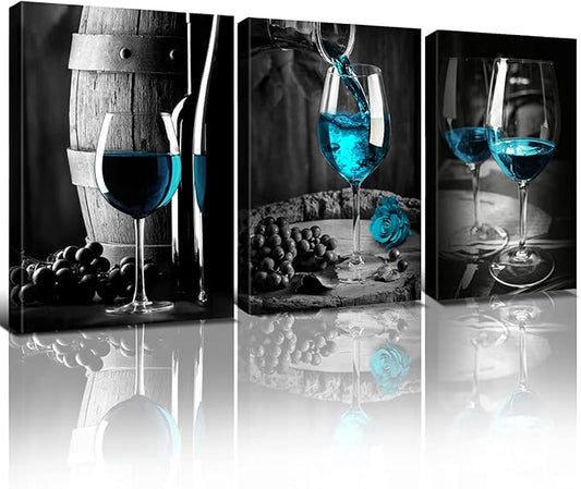 Kitchen Wall Decor Canvas Art Still life Wine Glass Painting for Home Decoration Black and White Fruit Goblet Bar Prints Posters Bedroom Dining Room Pub Yellow Rose Framed Artwork 7x10 inch 3 Pieces