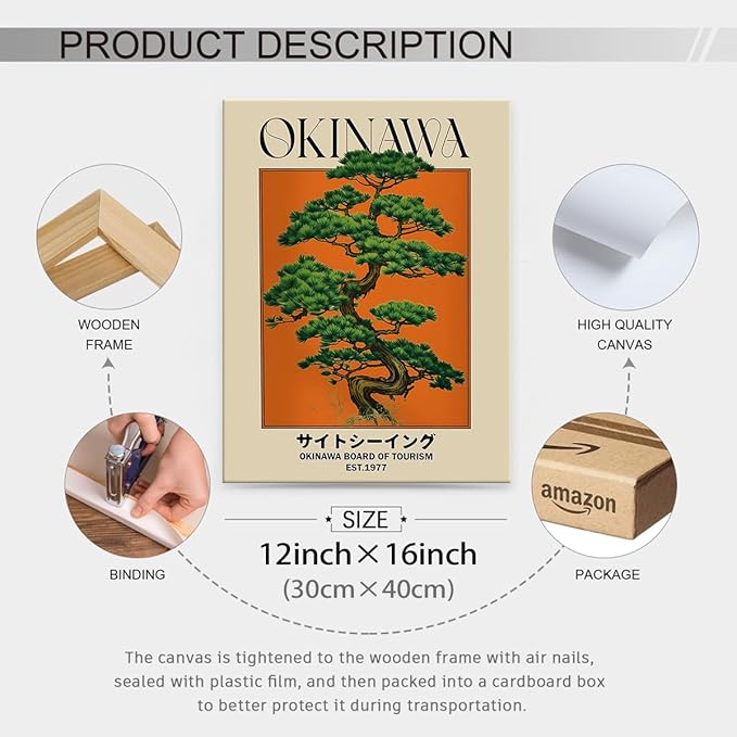 Japanese Canvas Wall Art Orange Okinawa Prints Retro Japanese Bonsai Tree Picture Modern Ukiyo-e Decor Poster for Asian Living Room Bedroom Dorm Bathroom 12x16 inch Framed
