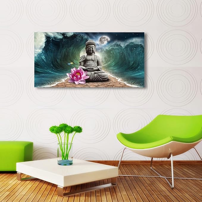 Canvas Wall Art Buddha Pictures Home Decor Grey Zen in The Background of Moon and Waves Poster Prints Painting for Living Room Bedroom Bathroom Kitchen Office Decoration Hindu Artwork 20x40 Inches