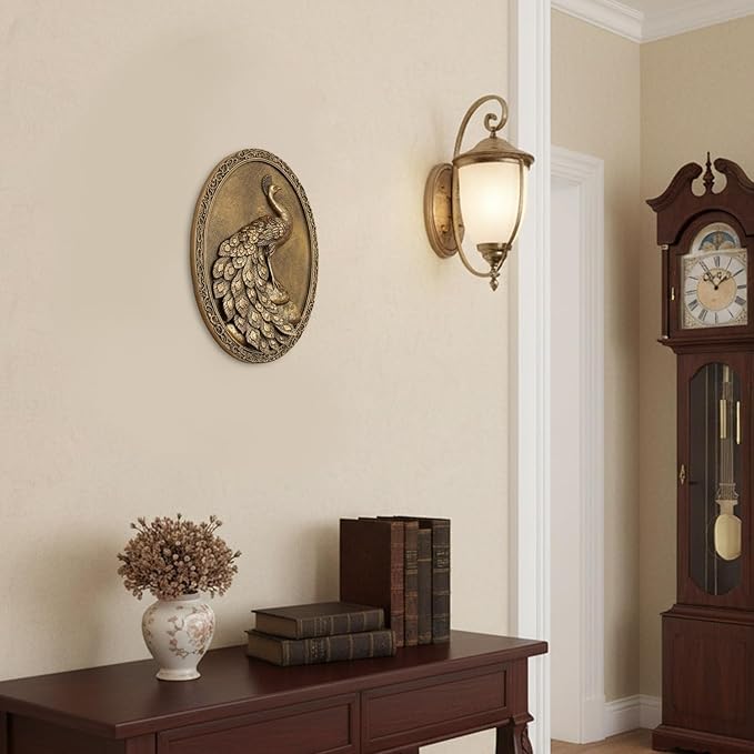 Newinhome Vintage Peacock Wall Sculpture Antique Wall Decor, Hand Painted Wall Decoration with Embossed Peacock Design, Gold Decor for Bedroom Living Room Hallway, Housewarming Gift