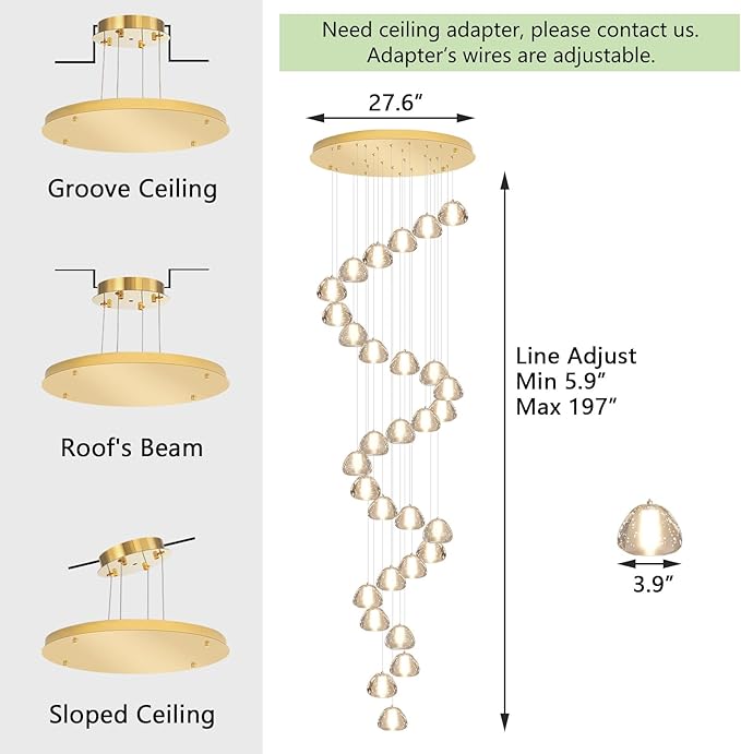 30-Lights Modern Chandeliers for High Ceiling Large Crystal Chandeliers LED Long Handing Light Fixture for Entrance Hallway Foyer Staircase 3000K