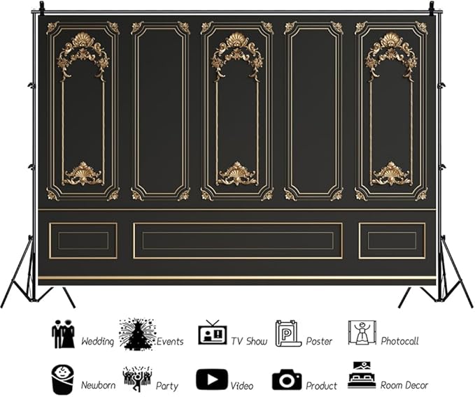 Leyiyi 5x4ft Gold Black Vintage Room Inside Backdrop European Frame Modern House French Castle Cementery Wall Retro Style Photo Background Cowboy Kids Birthday Portrait Studio Props Vinyl Wallpaper