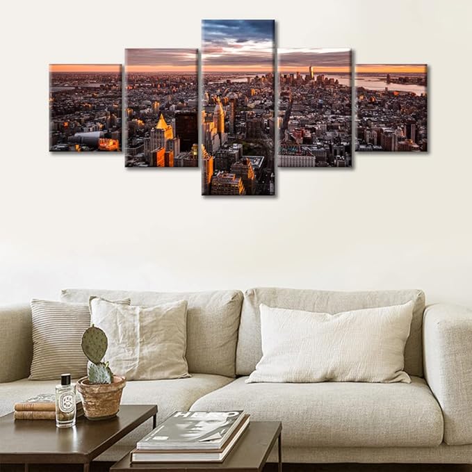 5 Panel City View Canvas Wall Art Manhattan Skyline Wall Decor for Living Room City Panorama Pictures Home Decorations for Living Room Print on Canvas Stretched and Framed Ready to Hang (50"Wx24"H)