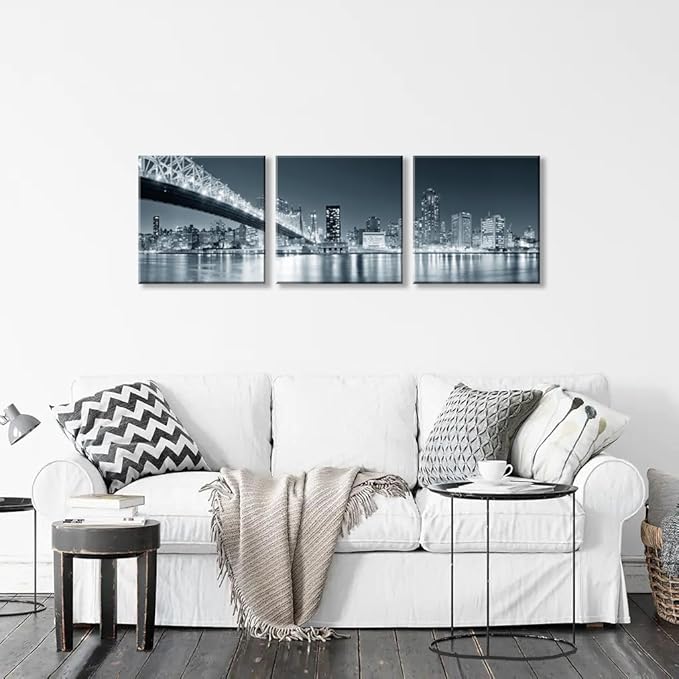 New York City Skyline Panoramic Canvas Art Black and White Brooklyn Bridge Night Scene 3 Panel Modern Urban Landscape Wall Decor Skyscrapers Reflection Print Living Room Office Bedroom Home Decoration