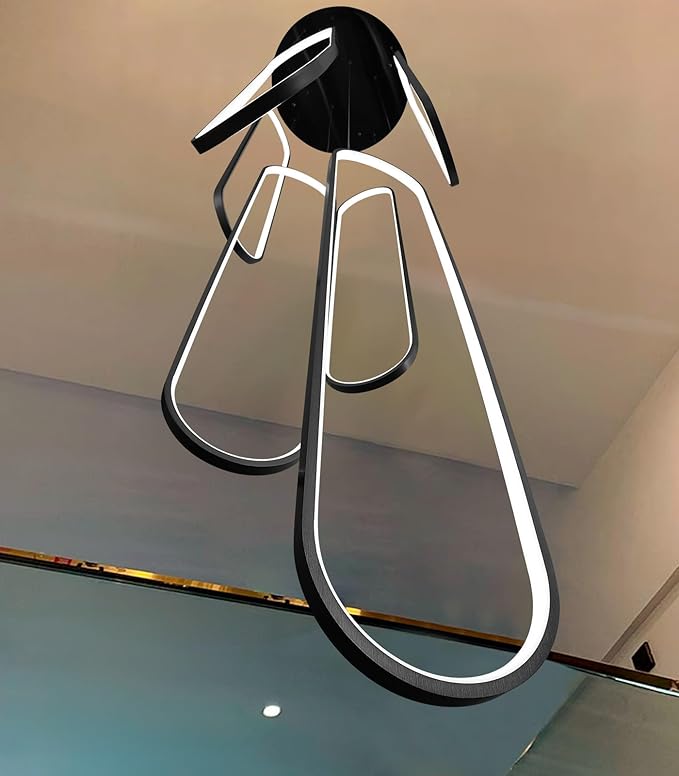 6-Rings Modern Chandelier, LED Black Large Contemporary Light for Staircase, Dimmable Flush Mount High Ceiling Chandeliers with Remote Control for Villa Foyer