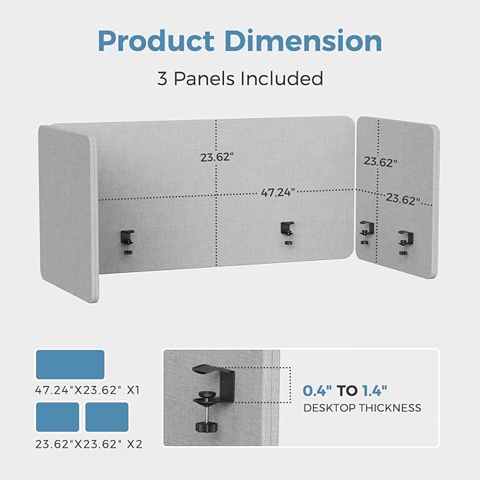 47.2 Inch Desk Divider Panels Set, Acoustic Divider Panel for Privacy, Fabric Wrapped Room Dividers for Office, Easy Assemble, Light Grey