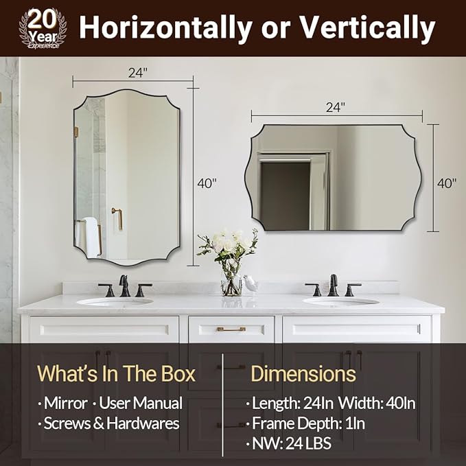 ANDY STAR Rectangle Mirror 24x40 Inch, Matte Black Scalloped Bathroom Mirror, Unique Rectangle Mirror for Bathroom, Powder Room, Entryway (Vertical or Horizontal)