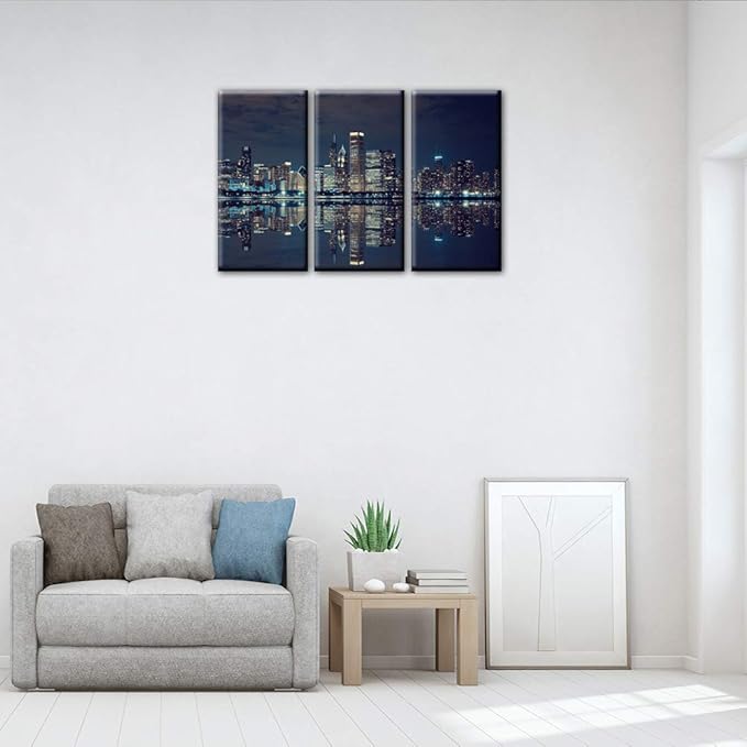 Modern Canvas Painting Wall Art Picture for Home Decoration Panoramic View of Chicago Skyline at Night in Black and White Place Cityscape Print On Canvas Giclee Artwork for Wall Decor 28‘’x14‘’x3