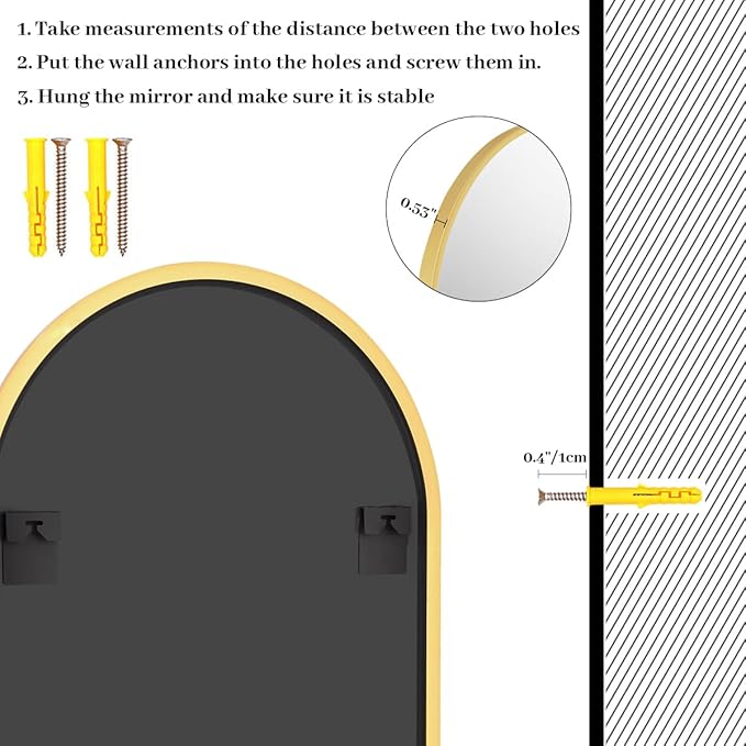 24x36 Arch Wall Mirror, Gold Bathroom Mirrors for Over Sink, Metal Frame Wall Decor for Entryway, Bedroom, Living Room