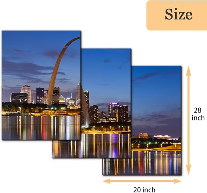Pacimo Canvas Wall Art for Home Decor St. Louis Skyline Poster Wall Decor Gateway Arch at Sunset Canvas Prints Pictures Cityscape Modern Artwork Stretch and Framed Ready to Hang - 20"x28"x3 Panels