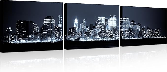 New York Skyline Canvas Wall Art Manhattan Wall Art for Living Room Cityscape at Night Pictures for Bedroom Modern Home Decor Office Bathroom Decorations Artwork Framed Ready to Hang 12x48 Inch